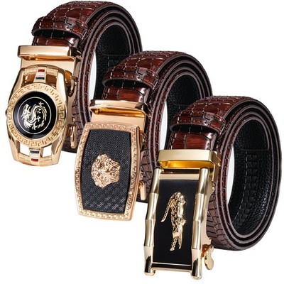 Burgundy Ratchet Belt 3 Buckles Gift Set Mens Belts Crocodile Dragon Gold Str...