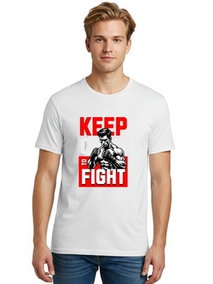 Keep-Calm-Fight Mens Graphic Tee,100% Cotton,Casual Summer Wear
