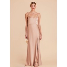 Birdy Grey Jay Satin Bridesmaid Maxi Dress Rose Gold Side Slit V-Neck Strappy M