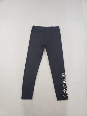 Calvin Klein Girls Leggings L Black White Print Logo Stretch Performance Sport