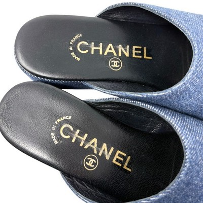 CHANEL Vintage CC Stitch Logo Thong Denim Sandals #37 Blue Black