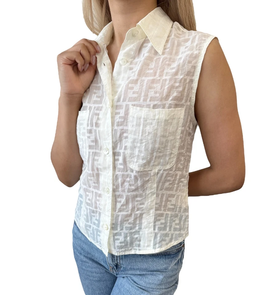 FENDI Vintage Zucca Monogram Logo See-thruogh Shirt #40 Cream Rayon Sleeveless - Image 2 of 4