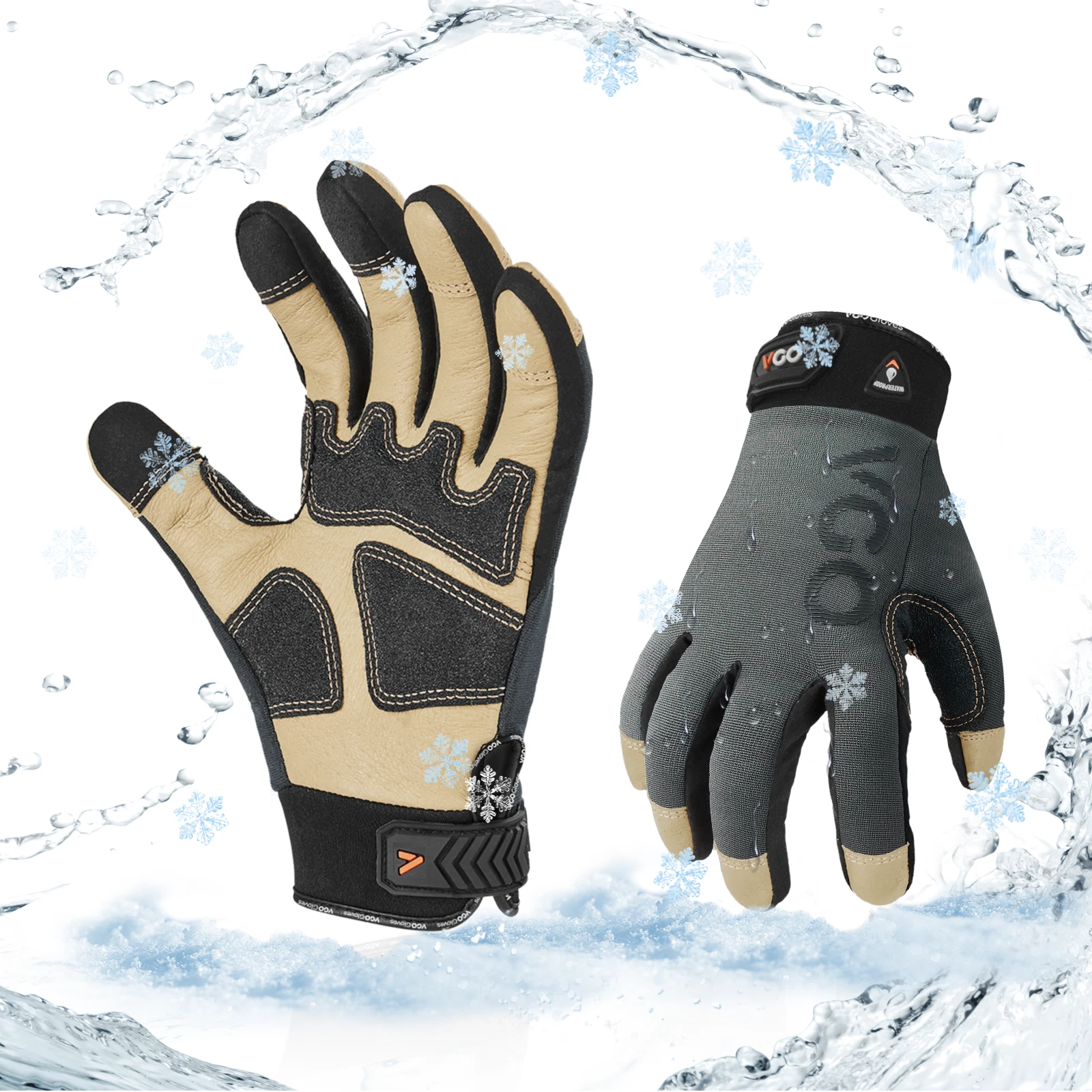 Vgo 1Pair 32°F Waterproof Winter Pig Leather Work Gloves,Touchscreen(PA7726FLWP)