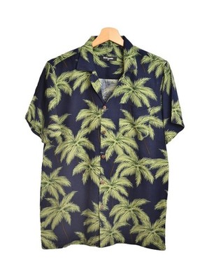 Hawaiihemd Herren Marineblau Palmenprint Farbe Khaki - GL BOUTIK