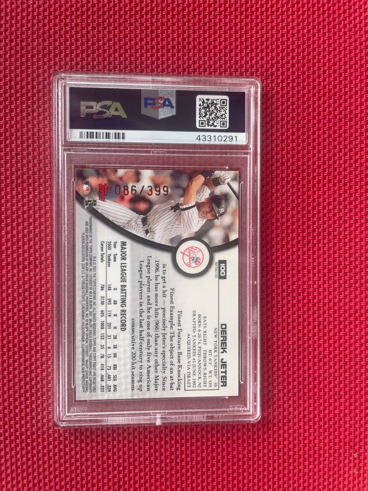 2001 Topps Finest Refractor SP Derek Jeter 86/399 PSA 9 view 5