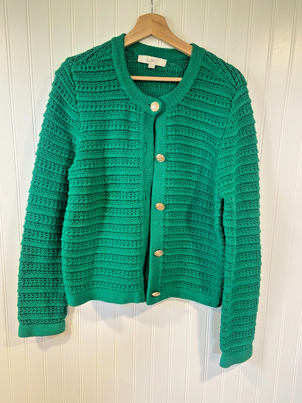 Loft Sweater Women's XXL Green Textured Knit Jacket Cardigan Cotton Blend