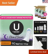 Clean & Secure Overnight Maxi Pads with Wings, 90 Count – 100% Leak-Free Comfort