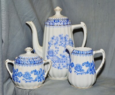 Kaffeekern Kanne Zucker Milch, echt Tuppack,China Blau,Tiefenfurt,Schlesien,1930
