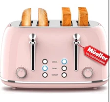 Mueller Retro Toaster 4 Slice Pink Browning Levels Easy Clean
