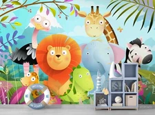 3D Animal Plant Cartoon Illustration Self-adhesive Removable Wallpaper Murals