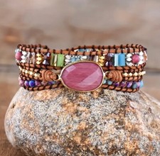 Leather Wrap Bracelet Boho  Pink Agate, Multicolored Gemstone Beads  110