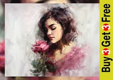 Romantic Woman Rose 5"x7" Print on Matte Paper | Tender Oil Painting Art
