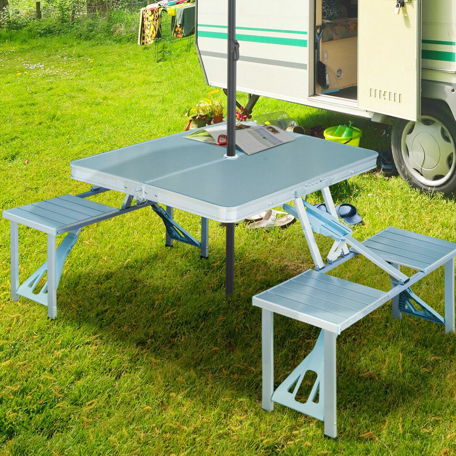 picnic table with stools