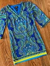 Vintage Y2K 2000s Laundry V-Neck Blue Paisley Print Mini Tunic Shift Dress Small