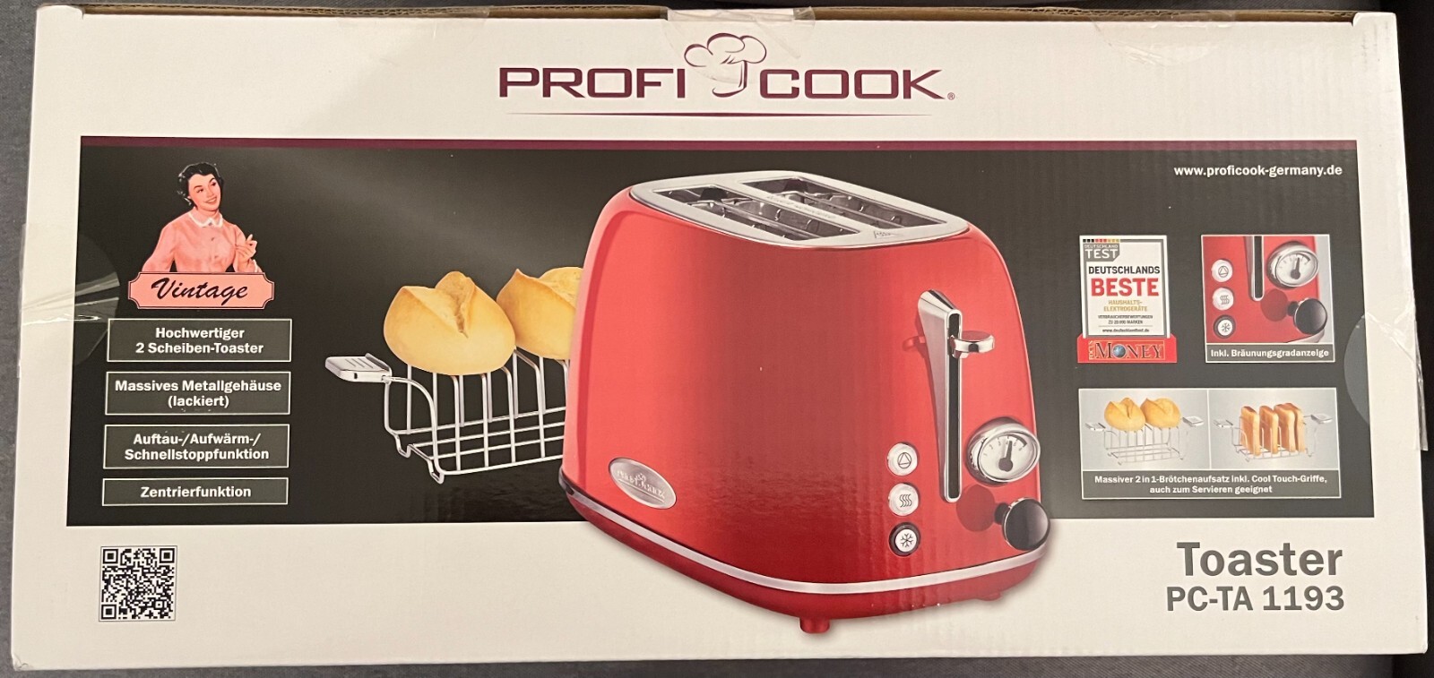 Proficook Toaster PCTA 1193 Vintage, RetroLook, rot, neu