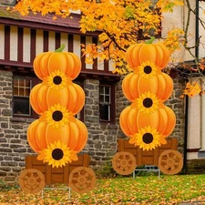 2 Pack Fall Pumpkins Yard Signs with Stakes 28 Inch 3 Stacked Multicolor 