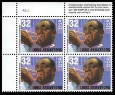 US Scott # 2982, Louis Armstrong, Plate Block of (4) 1995 32¢ Stamps MNH