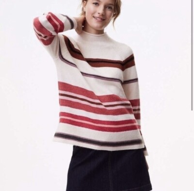 Ann Taylor Loft Pink Striped Sweater Funnel Neck Flare Sleeve Split Hem S  Petite