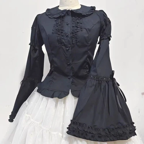 Women Girls Ruffled Blouse Shirt Top Long Sleeve Bow Lolita Sweet Japanese - Imagen 2 de 14