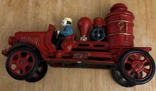 Vintage Cast Iron Red Fire Engine Toy Pumper Truck Moving Wheels