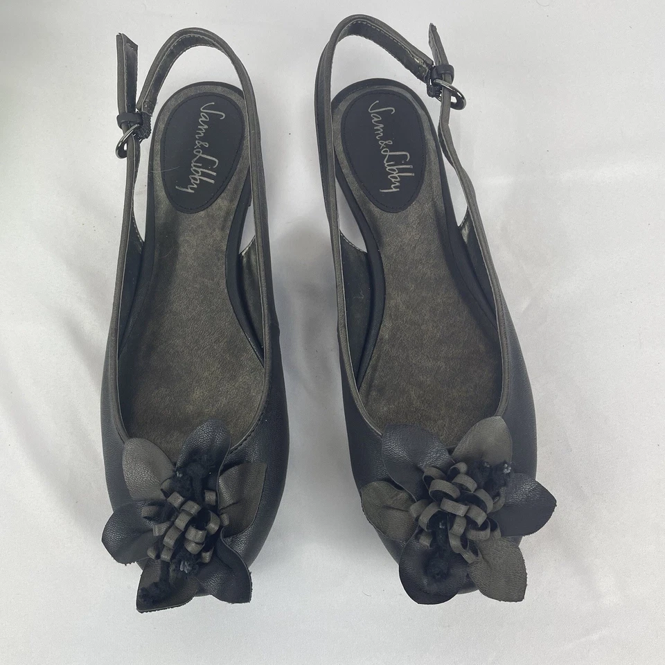 Sam & Libby Flapper Flat Black Slide Sandals Strap Heel Shoe Flower NWT Size 8 - Image 3 of 4