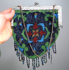 Antique Victorian Art Nouveau Beaded Bag Coin Purse Vintage chain Green Blue