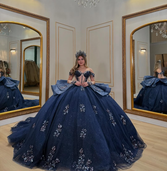 navy blue quince dress with silver Quinceanera Dresses Court Train Lace Appliques Corset Sweet 15 16 navy blue quinceanera theme