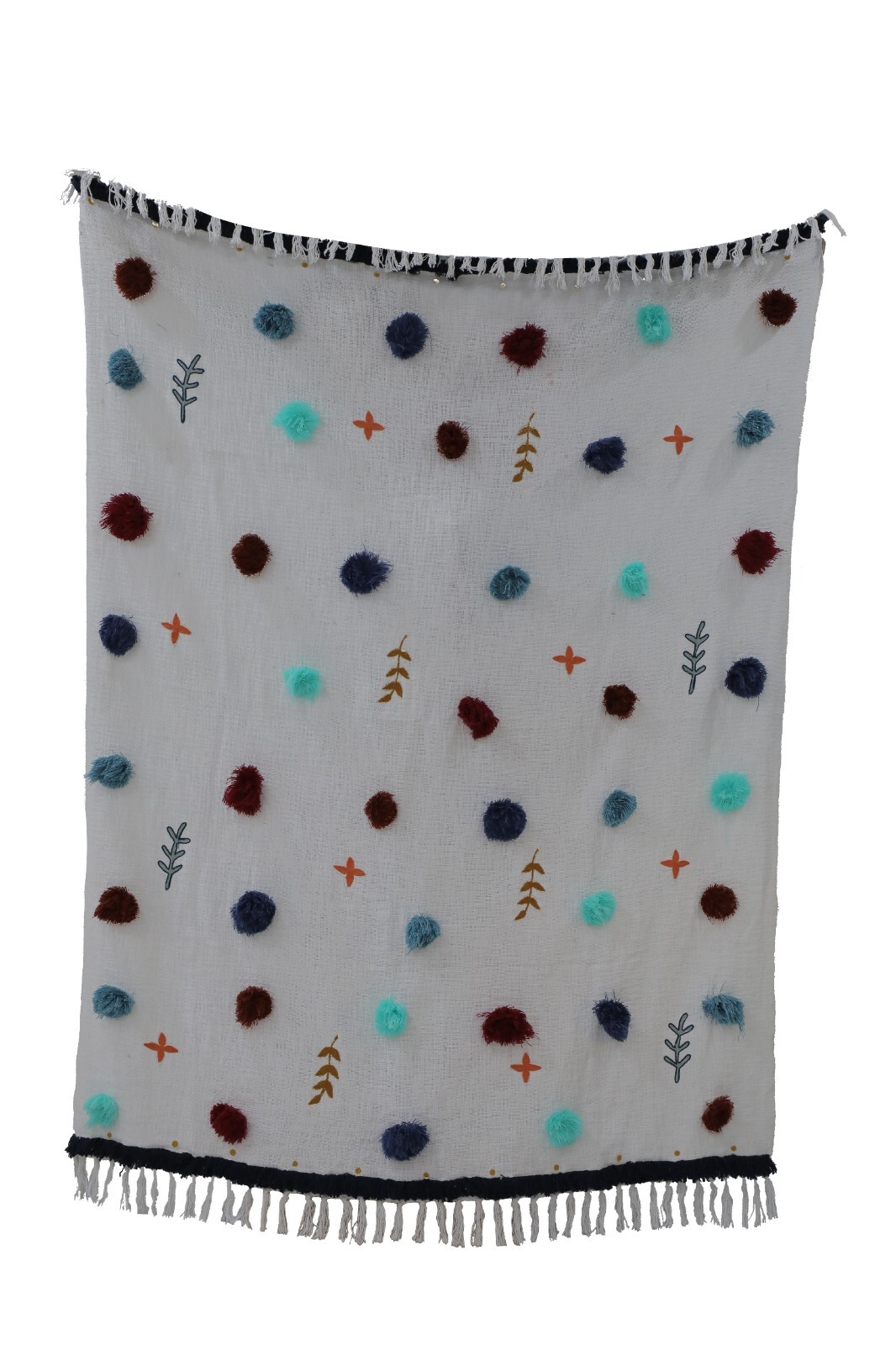 Embroidered Pom Pom Bedding Throw Tasseled Wrap Blanket Decorative Sofa