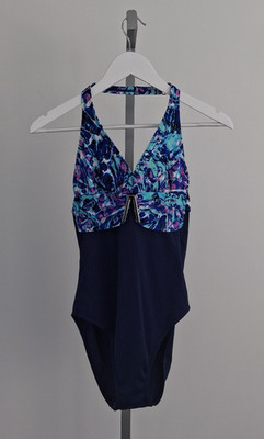 One Piece Swimsuit Size 34D NEW Figleaves Halter Tummy Control Marble/Navy NWT