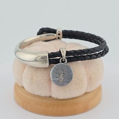 BRIGHTON ''Tree Of Life'' Charm Bangle Bracelet Braided Leather Silver Plate 6.75''