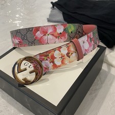 Gucci Pink Floral Leather Belt, Gold GG Logo Buckle - Women s Size 8-10 95cm