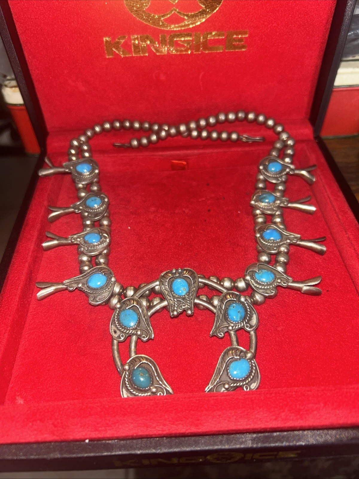 Vintage Sterling Silver And Turquoise Squash Blossom Necklace.