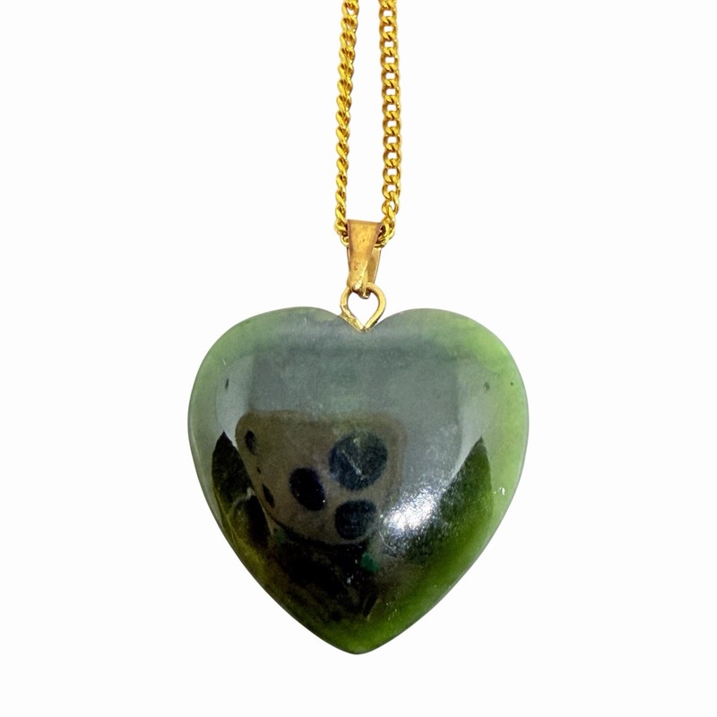Vintage Estate 18k Gp Gold Plated Batural Green Jade Heart Pendant Necklace