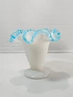 Vintage Fenton Milk Glass Aqua Blue Crest Ruffled Edge Footed Vase USA 4" Tall