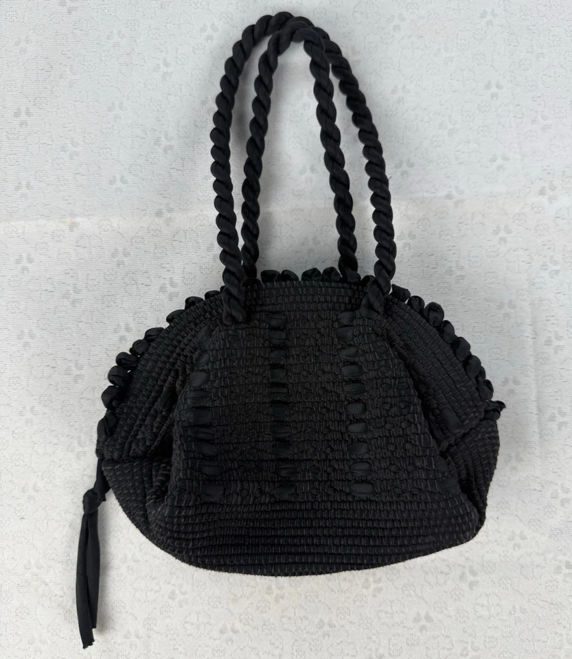Finest 1930s Antique Braided Woven Corde Black Fabric Zipper Purse W Top Handles - Image 2 of 4