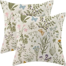 Spring Pillow Covers 18x18 Inch Set of 2,Sage Green Wild Flower Plant Throw