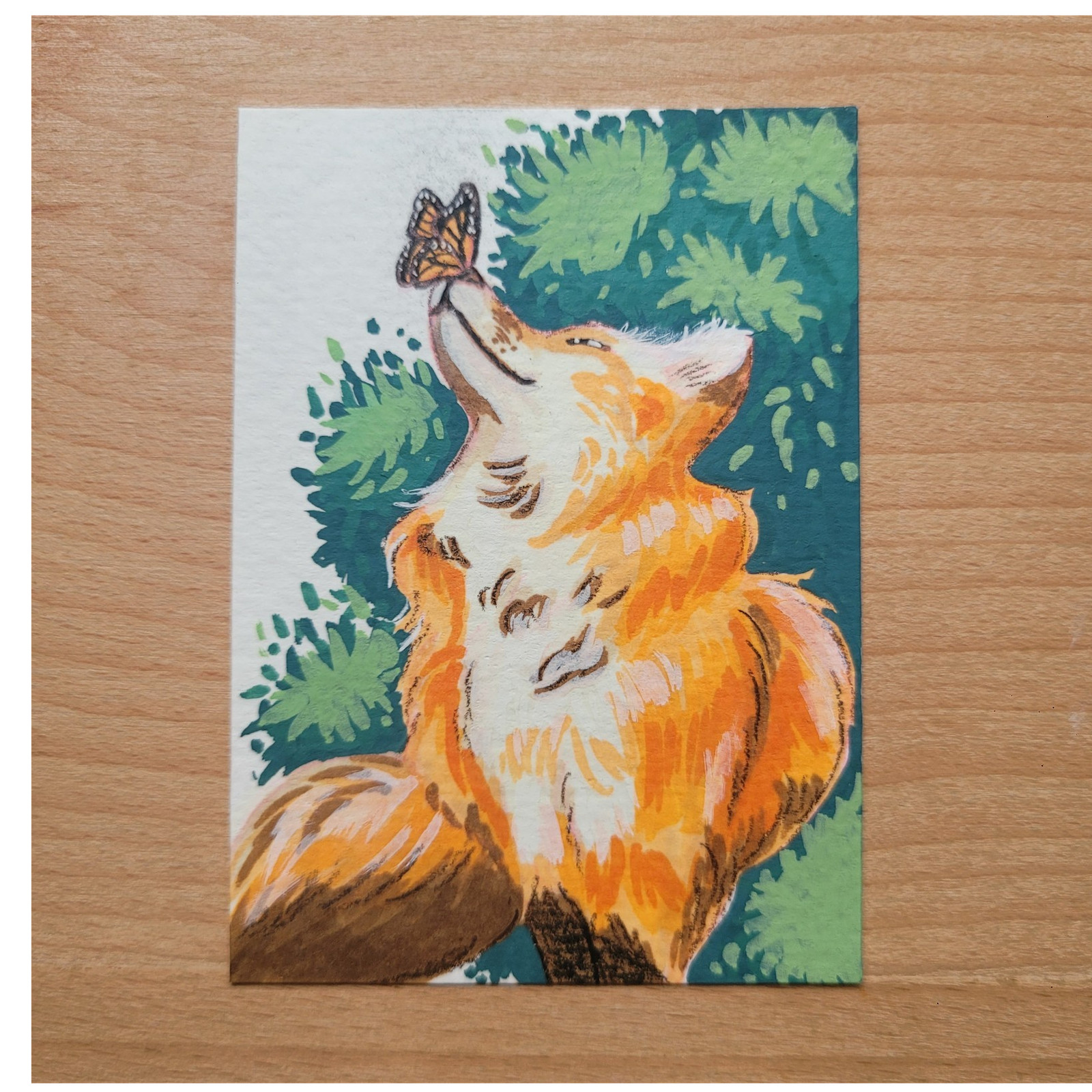 ACEO Original Fox & Butterfly Mixed Media Painting By InnyNieves