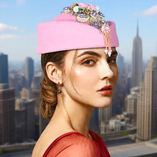 Women's Pink Felt Pillbox Hat Floral Rhinestone Beaded Fascinator One Size