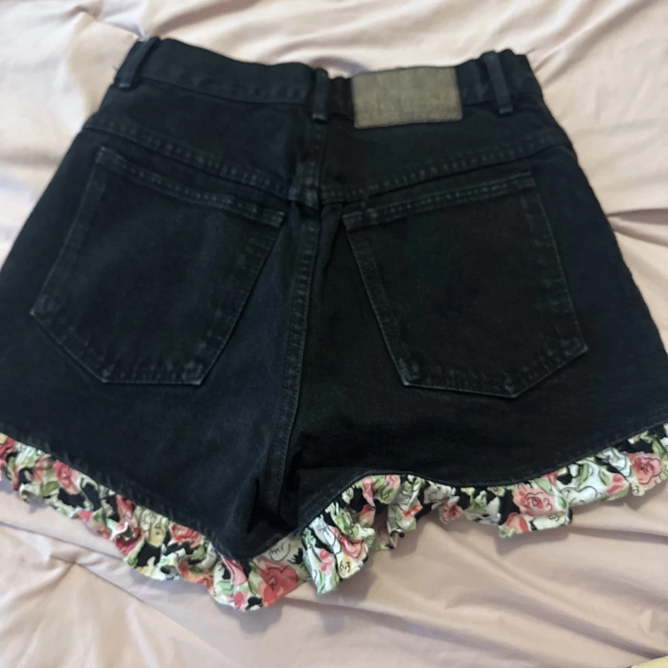Pantalones Cortos Vaqueros Vintage Paris Azul Negro Con Volantes Florales Talla 7 Foto 2 de 3