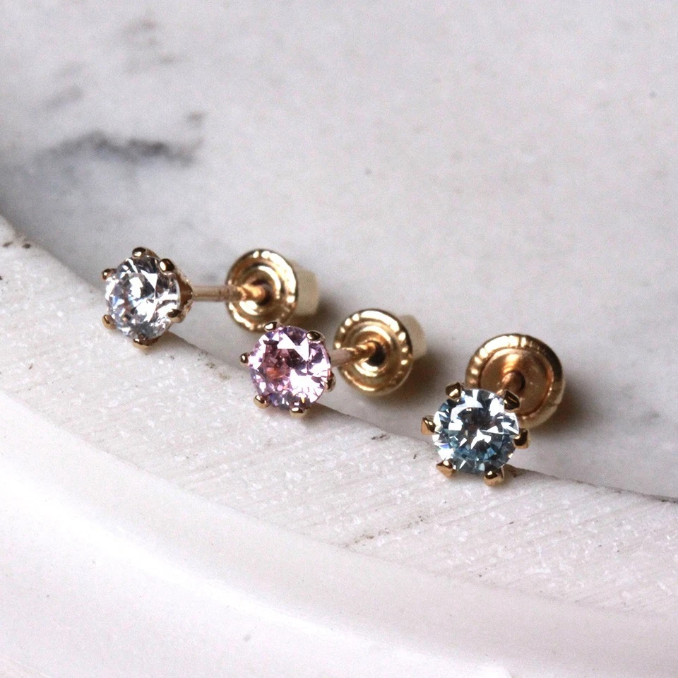 Pair of 14Kt. Yellow Gold Clear Round CZ Earring with Screw Back - Image 4 of 4