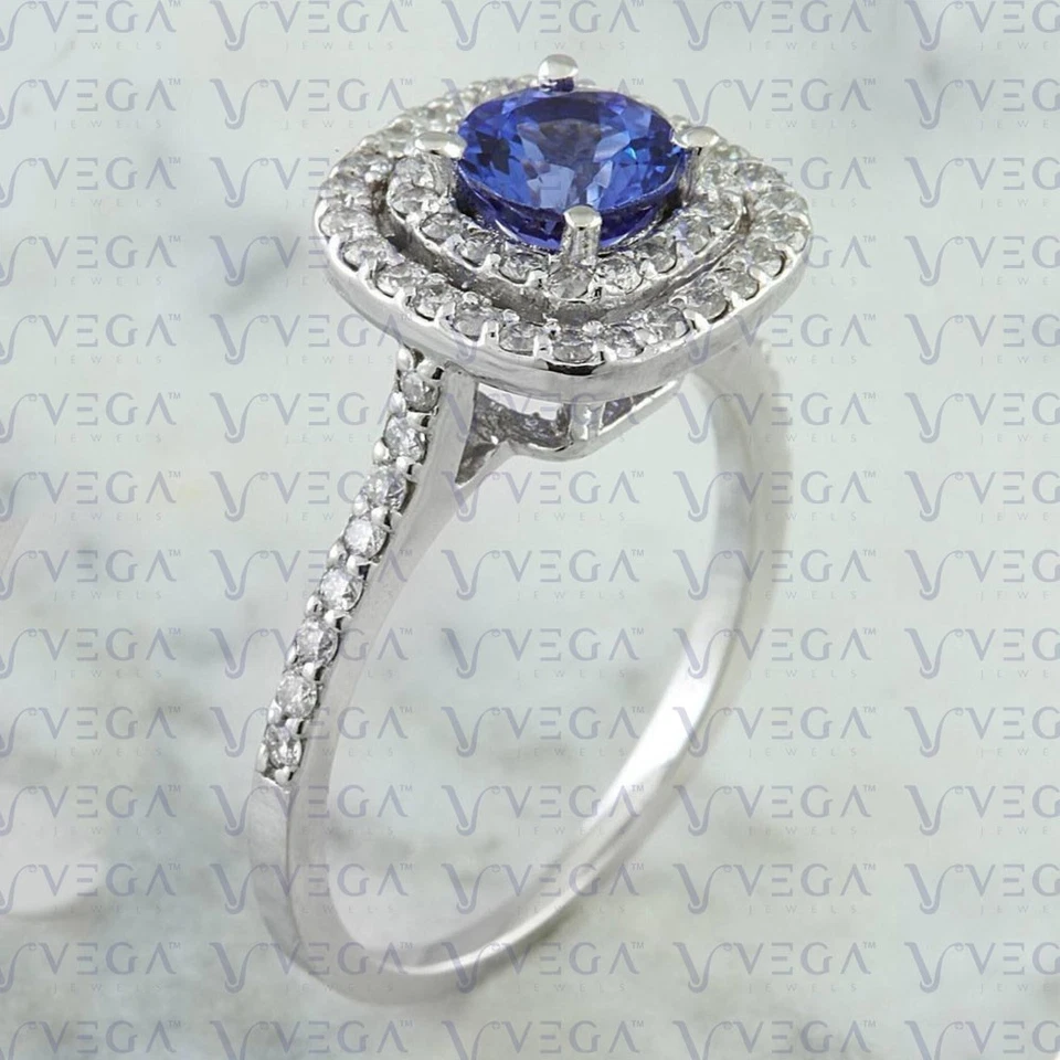 Anillo redondo de 4,50 quilates con doble halo de diamantes de tanzanita natural enchapado en platino 950PT Foto 3 de 4
