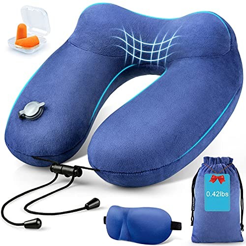 Inflatable Travel Neck Pillow for Airplanes, Super Soft Velvet Neck Support,
