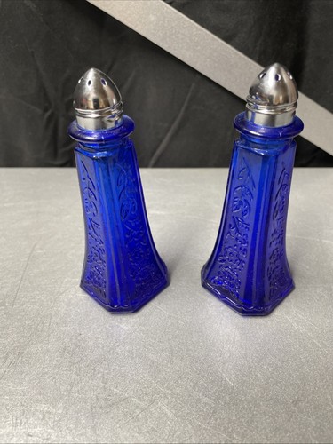 Vintage Kobaltblau Depression Geprägtes Glas Salz & Pfefferstreuer Metall Tops - Bild 2 von 5
