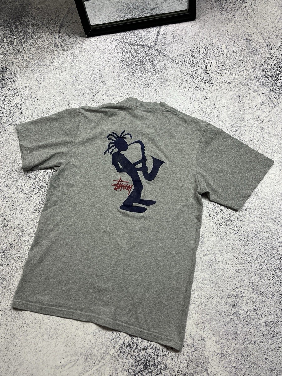 Vintage Stussy Outdoor 90's Jazz Man Saxophone Rare Gray T Shirt