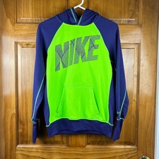 Nike Therma-FIT Hoodie Womens M Neon Green Navy Blue Graphic Pullover