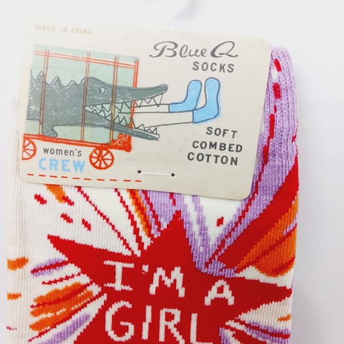 Sock Blue Q Crew Women Boy I'm A Girl What's Your Super Power Lavender NWT NEW - Picture 3 of 10