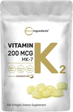 Vitamin K2 MK-7 Supplement, 200 Mcg per Serving, 300 Coconut Oil Softgels | E...