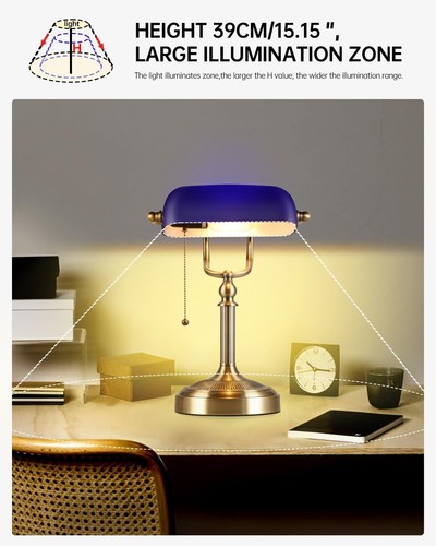 Blue Glass Bankers Desk Lamp with Pull Chain Switch Plug in Fixture Bronze Base - Picture 4 of 6