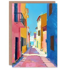 Spanien Meer Villa Straßenansicht Bunt Geburtstagskarte