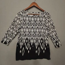 Rafaella Womens 3/4 Sleeve Black & White Geometric Pullover Shirt Size M